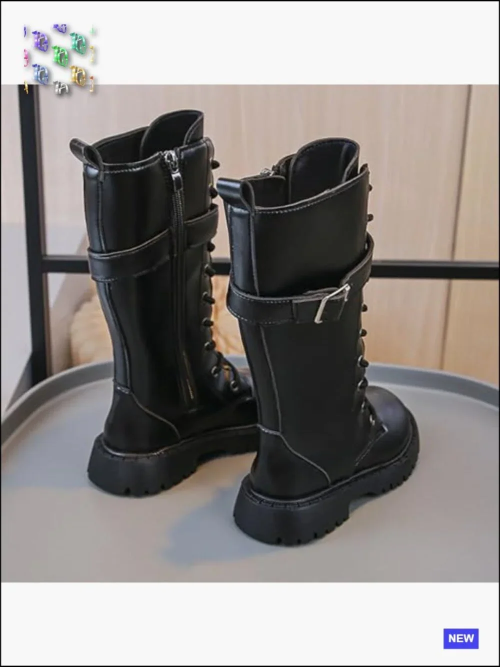 Girls Leather Knee High Boots with Side Zipper Fashion Buckle Straps Comfort